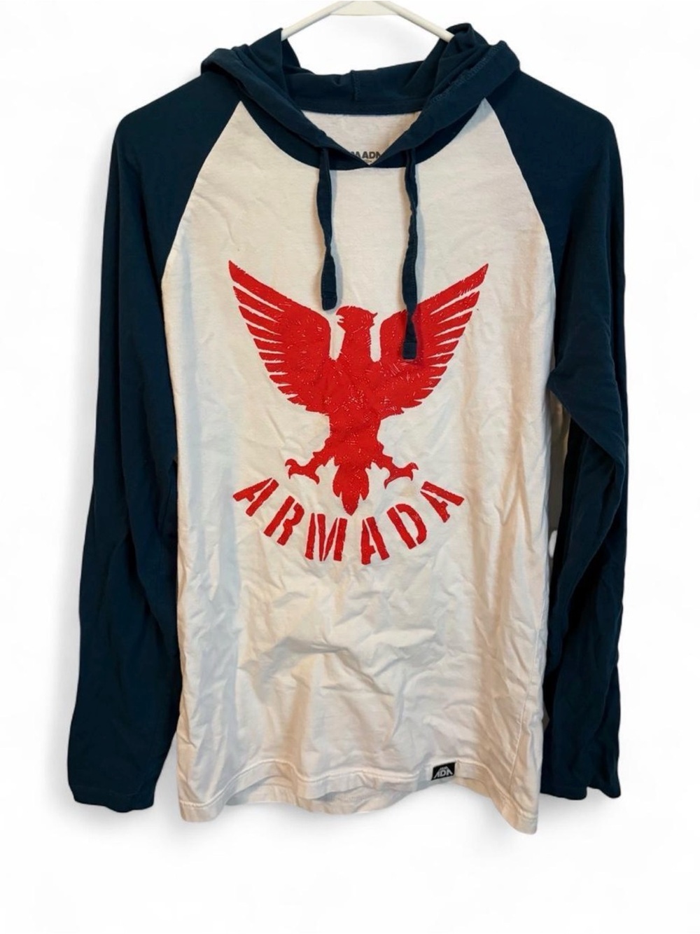 Armada Long-Sleeve Raglan Hoodie Tee in Navy and White with Red Logo